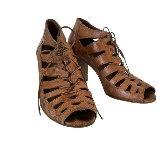 Paul Green Sandal 6.5 US / 4 UK Jansen Lace Up Block Heel Cuoio Leather Patina - Picture 2 of 8